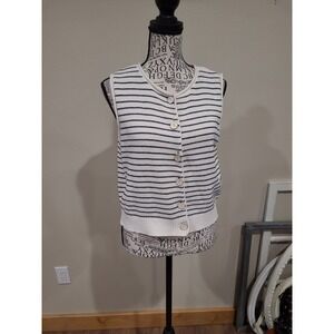 The Workshop Women SZ Lg. Button front sweater vest blue Cream coastal preppy